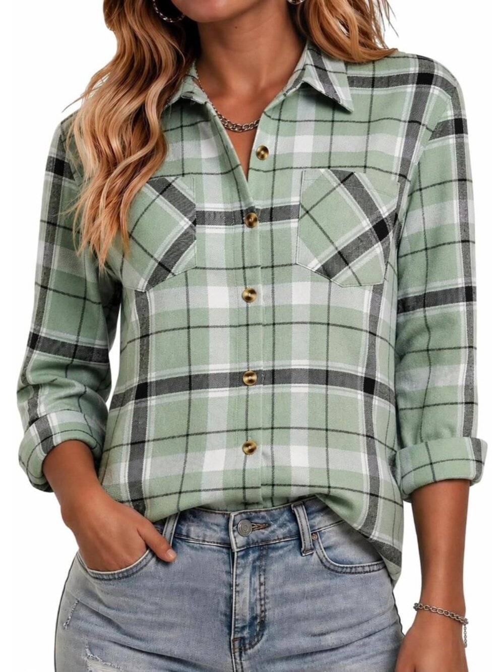 Women's Green Flannel Plaid Long Sleeve Button Down Imported Tops Work Blouse